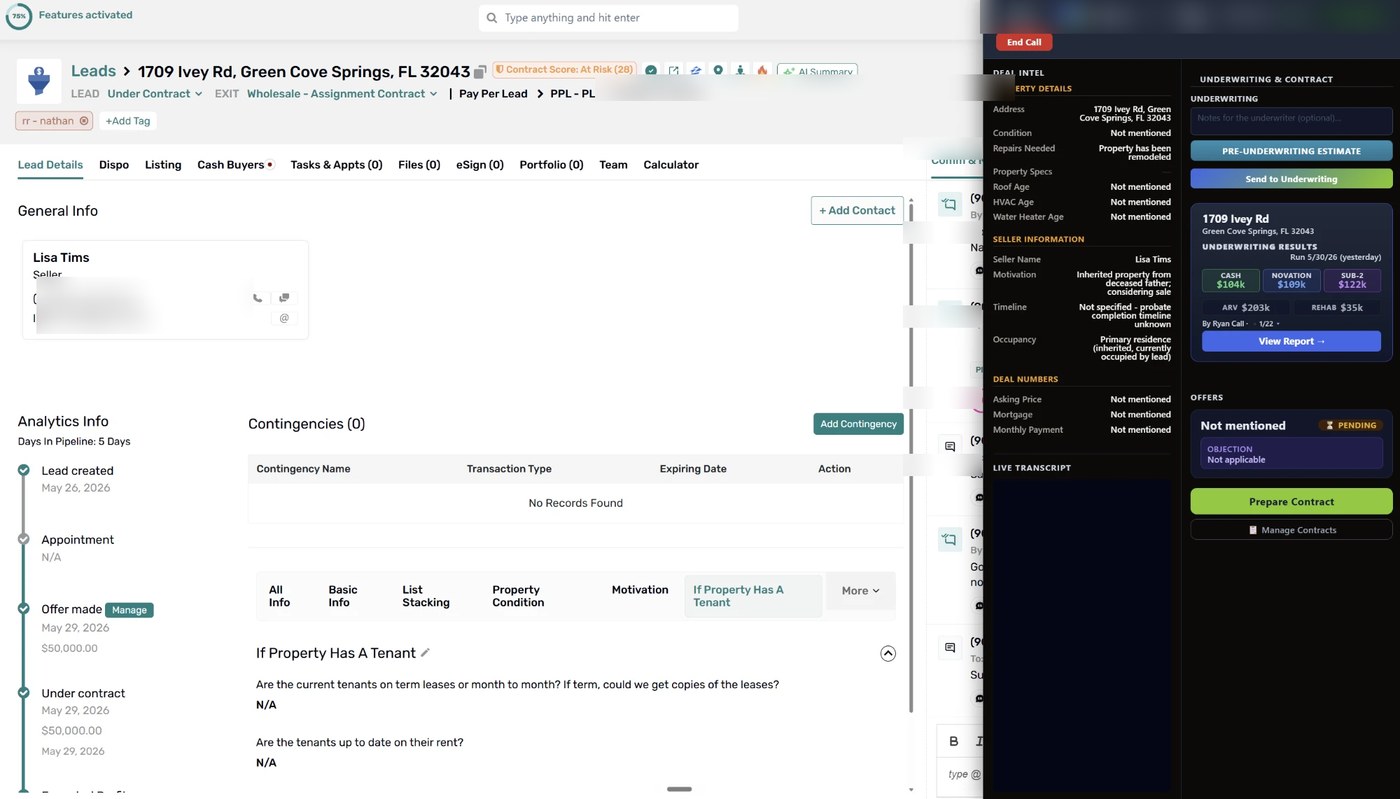 Bluelime extension running inside REsimpli CRM — deal intel and underwriting side-by-side with the lead